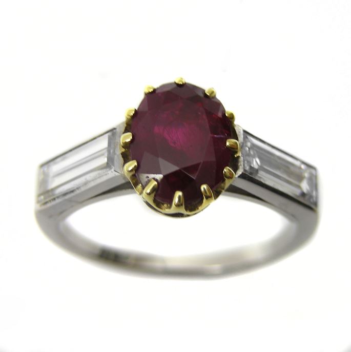 Oval ruby single stone centre and baguette diamond ring | MasterArt